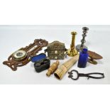 A quantity of mixed collectors' items comprising a brass night stick, a pierced framed barometer,