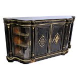 A Victorian ebonised gilt metal mounted credenza with serpentine side doors, width 196cm (af).