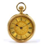 An 18ct yellow gold crown wind fob watch, with Roman numerals to the circular dial,