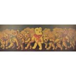 A print depicting nine teddy bears walking in line, unsigned 41.5 x 120.5cm, framed.