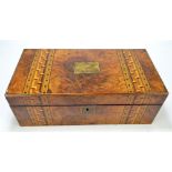A Victorian burr walnut and parquetry inlaid writing slope with inscribed brass rectangular