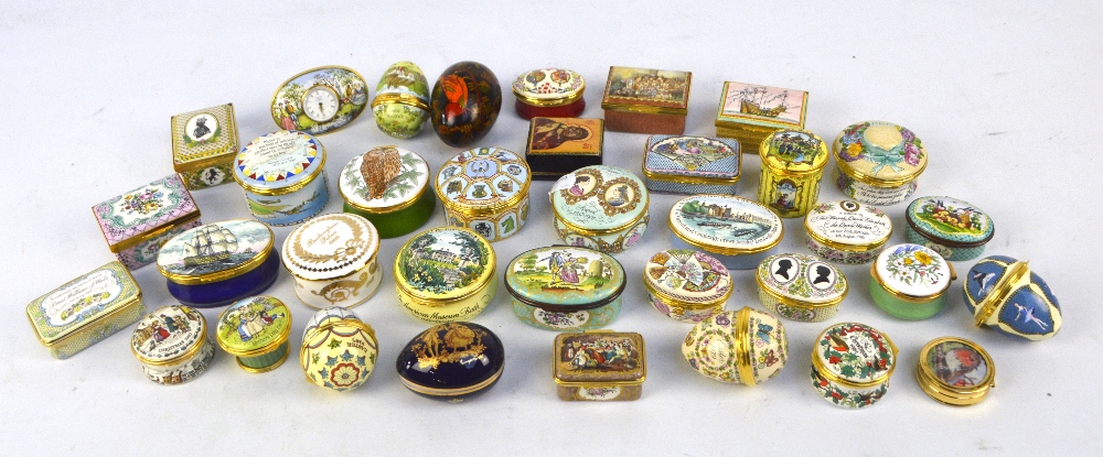 A collection of thirty-one enamel boxes including a Halcyon Days trinket box 'The Haymakers',