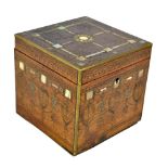 A late 19th/early 20th century Eastern hinged wooden box with inlaid mother of pearl and brass