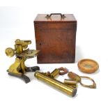 A mahogany cased unnamed brass travelling microscope,