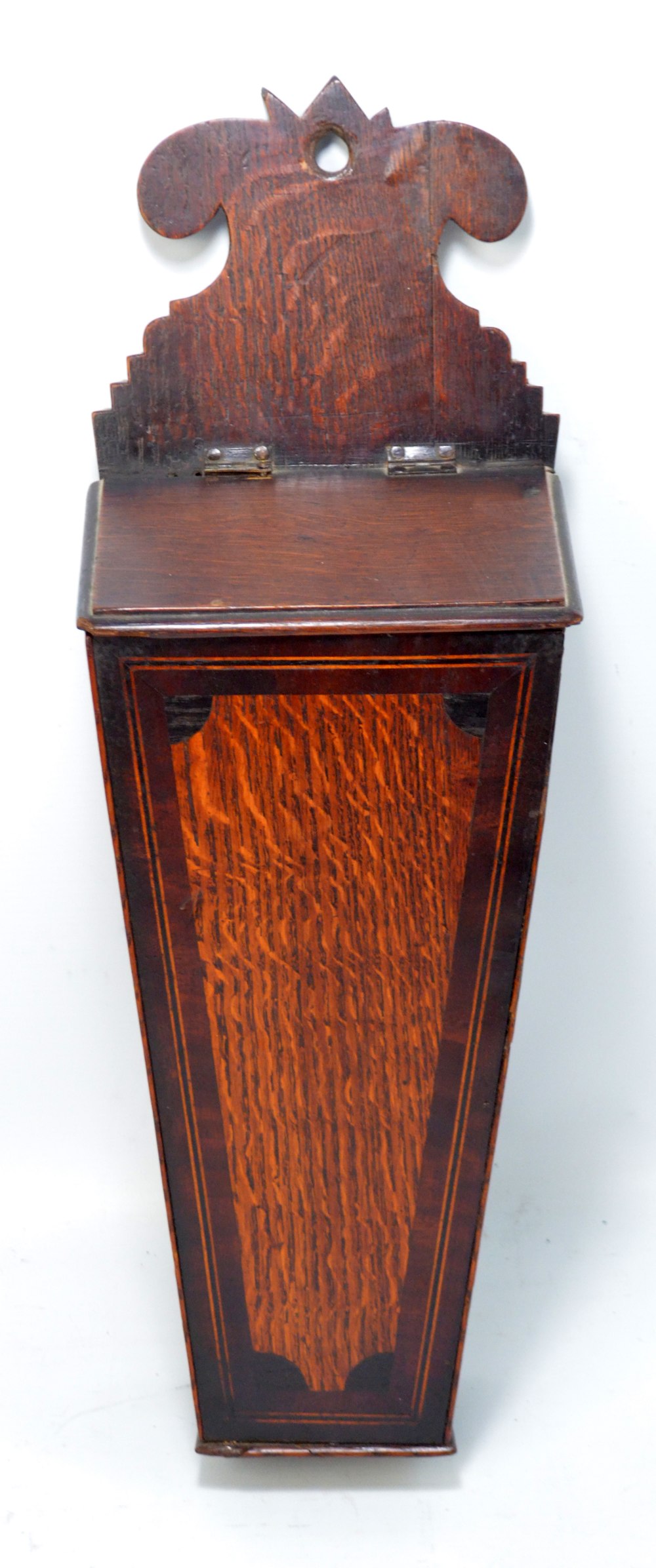 A George III oak, mahogany and inlaid candle box of tapering form, length 51cm.