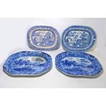 A pair of large blue and white shaped platters marked Clews, Staffordshire (one af) width 54cm,