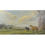 SALLY GAYWOOD; oil on canvas, a rural landscape with the hunt and onlooking horses, 50 x 90cm,