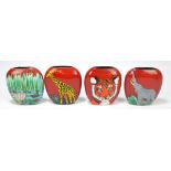 Three Sarah Ewin red ground vases of squat form, painted with animals comprising elephant,