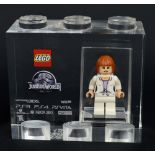 A Lego for TT Games Minifigure acrylic trophy brick, Claire Dearing from the Jurassic World game,