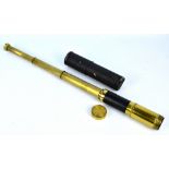 An early 20th century brass three draw telescope with leather bound grip, unmarked,