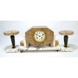 A French Art Deco marble three piece clock garniture with shaped clock set with Arabic numerals to