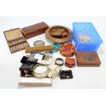 A quantity of assorted costume jewellery, a wooden coin set bowl, WW2 medal, watches etc.