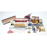 A quantity of costume jewellery including necklaces, brooches, rings, simulated pearls, etc.