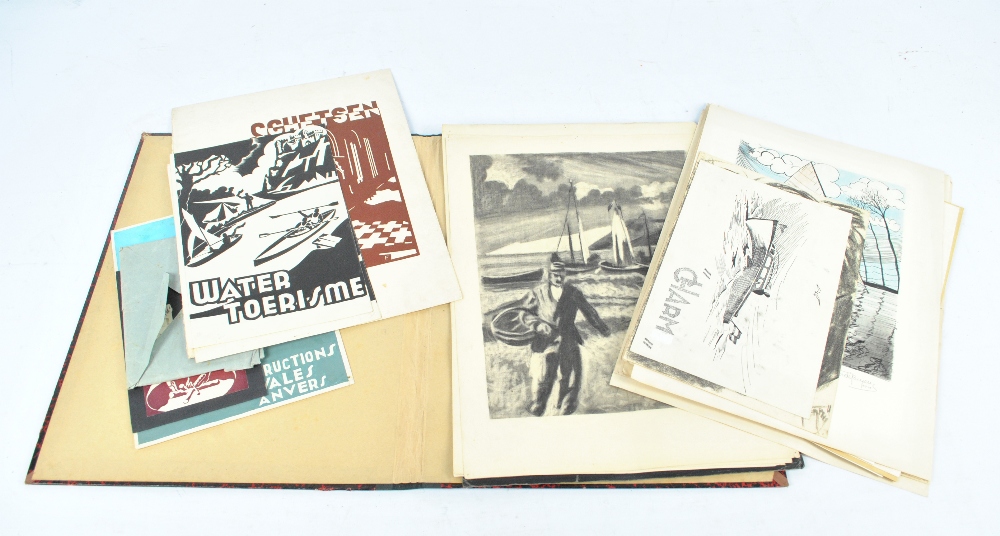 VAN FERDE BEYENS (Belgian); a folio of 1930s and 1940s lino cuts, prints, charcoal drawings,