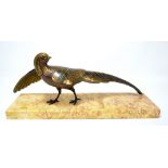 A French Art Deco style gilded spelter model of an Asiatic pheasant upon a rectangular plinth,