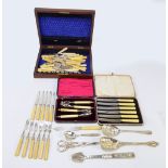 A group of electroplated items to include mahogany cased fish eaters with ivorine handles,