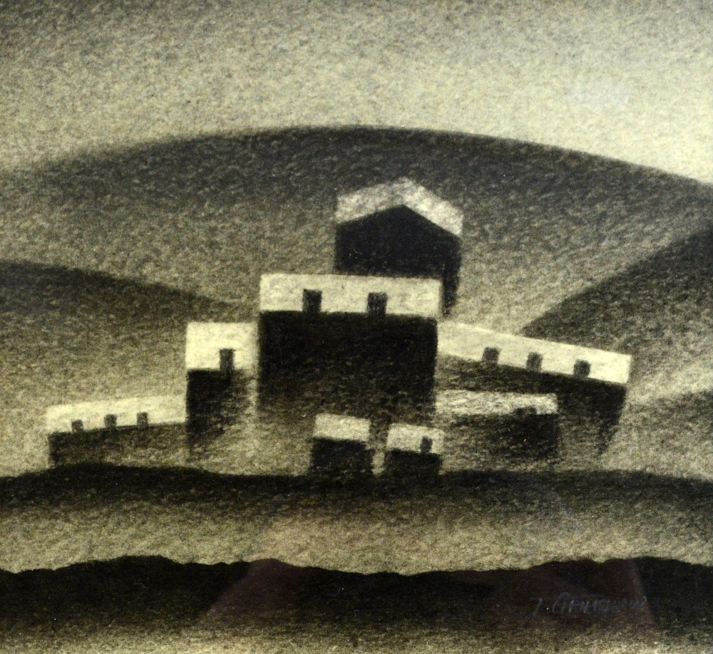 TREVOR GRIMSHAW (1947-2001); pencil and graphite, 'Houses in the Valley', signed, 13.