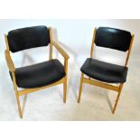 A set of eight 1960s Norwegian teak chairs with simulated black leather padded backs and seats (7 +