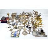 A large quantity of electroplated and brass items, to include tea and coffee pots, a salver,