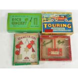 Four vintage boxed portable games comprising 'Touring' automobile card game, 'Dice Cricket', and R.