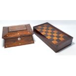 An early 20th century rosewood work box with mother of pearl inlay,