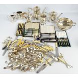 A quantity of electroplated items including a tea set decorated with reeding and floral and foliate