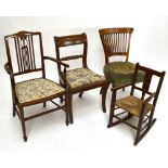 An oak slat back dining chair, a child's rocking chair and an Edwardian mahogany elbow chair (3).