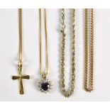 Four various gold chains comprising a two-tone gold fancy link necklace, length 45cm,