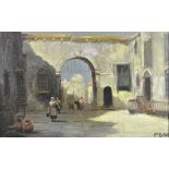 C BELLOT; oil on canvas, Moorish street scene with figures beneath an archway, signed, 46 x 70cm,