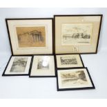Four etchings depicting castles to include Corfe Castle after S Dobson, Castle Combe after TS Allan,