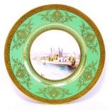 A Minton cabinet plate depicting The Tower of London within a green border, signed A Hollany,