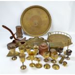 A small group of metalware to include a set of brass goblets, an Eastern cylindrical box,