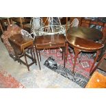 An oak drop leaf table, a mahogany side table and a demi-lune hall table (3).