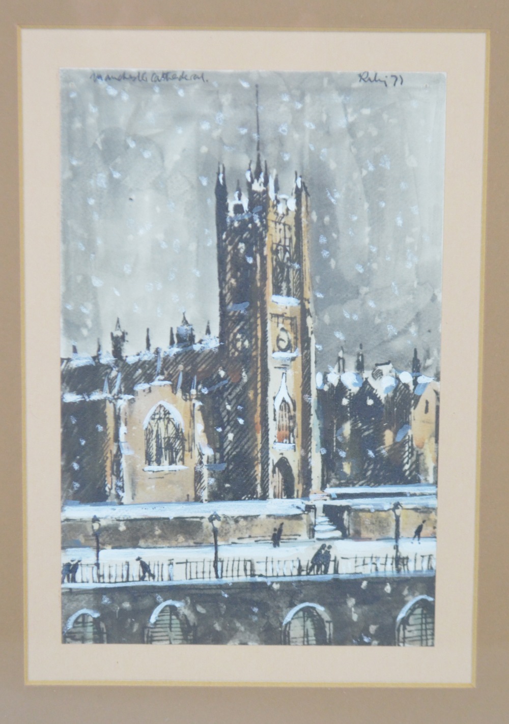 HAROLD RILEY (born 1934); an over-painted print, 'Manchester Cathedral',