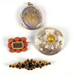 A yellow metal and coral mourning brooch, length 3cm,