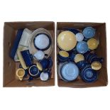 A quantity of Denby powder blue and dapple glazed dinner and tea ware including shallow soup bowls,