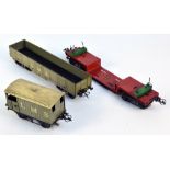 A Meccano Hornby series LMS trailer and wagon in khaki and grey respectively,