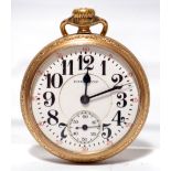 Railway interest; a Hamilton Railroad gold plated open faced crown wind pocket watch circa 1905,