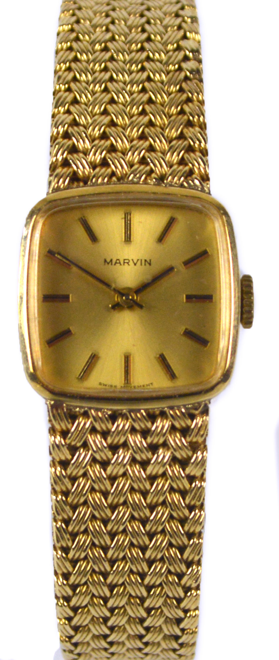 MARVIN; a 9ct yellow gold lady's wristwatch, the square dial set with baton numerals,