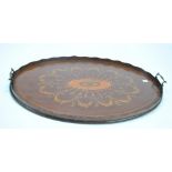 An Edwardian mahogany and satinwood inlaid twin handled oval tea tray, width 68.5cm.