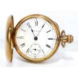 AURORA WATCH CO; an early 20th century 9ct gold cased full hunter crown wind pocket watch,