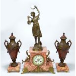 An early 20th century French marble gilt metal and spelter mounted figural clock garniture,