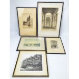 Four etchings depicting London, to include Westminster by O Fletcher, Old Houses, Holborn,