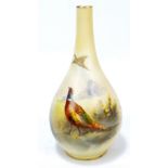 A Royal Worcester ivory ground bud vase, painted with pheasants and signed JAS Stinton,