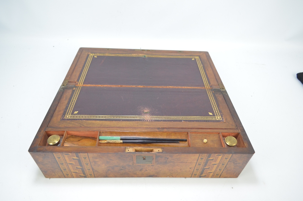 A Victorian burr walnut and parquetry inlaid writing slope with inscribed brass rectangular - Image 2 of 2