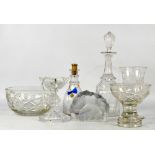 A collection of clear glass including a cut glass decanter, a pedestal bowl and a celery glass (7).