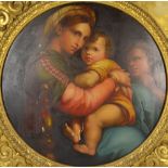 AFTER RAPHAEL; oil on board, Madonna Della Sedia, unsigned, diameter 70cm,