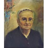 L BRUNT; oil on canvas, portrait of an elderly woman wearing spectacles,