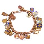 A 9ct rose gold curb link bracelet with clip clasp suspending a collection of metal and enamel