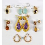 Five pairs of earrings including a 9ct yellow gold hoop example set with turquoise cabochons,